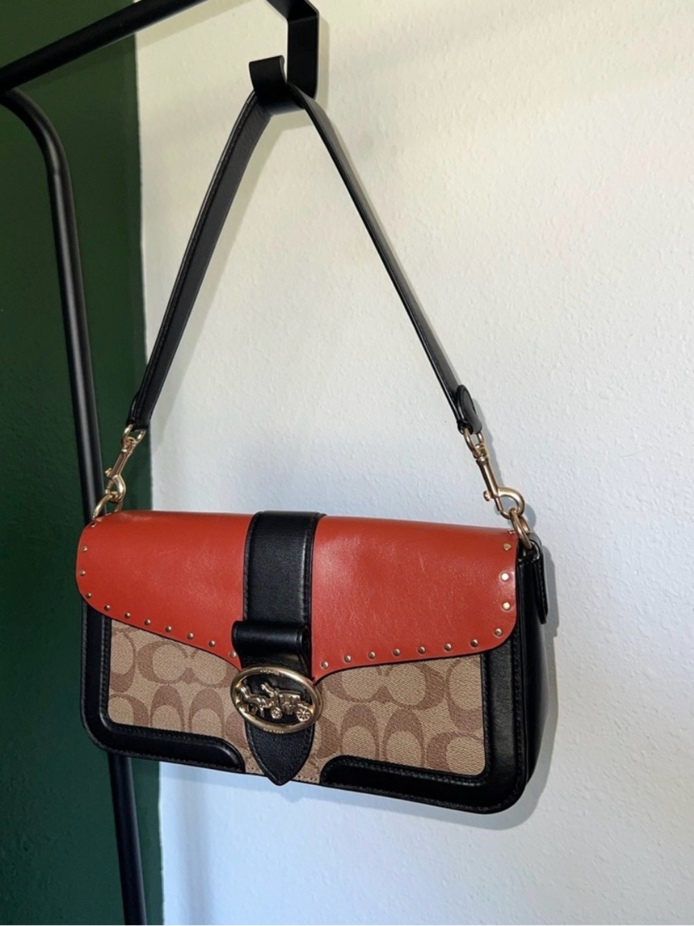 Coach Shoulder Bag Brown Tan Black Red with Signature Canvas - Picture 8 of 10